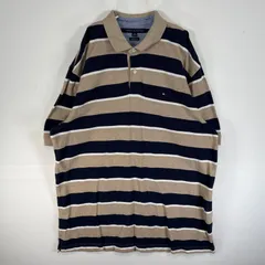 古着 トミーヒルフィガー TOMMY HILFIGER 鹿の子 半袖 ポロシャツ ロゴ 刺繍 2ボタン 大きいサイズ XXL  ベージュ ボーダー メンズ
