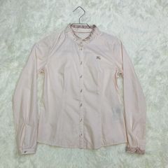 バーバリーブルーレーベル フリルバンドカラーシャツ ノバチェック 長袖シャツ ビジューボタン ピンク Sサイズ相当 ★お値段交渉を受け付けます。