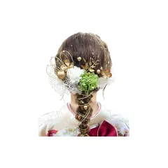 [JZOON] 髪飾り 【9色展開】 成人式 卒業式 振袖 和装 着物 袴 浴衣に 七五三 ドライフラワー 金箔 和玉 組紐 水引き かすみ草 網型飾り 専用ケース付き 緑 A1103