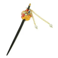 髪飾り 成人式 つまみ細工 振袖 前撮り 袴 花 かんざし 一本差し 黄色 ゴールド ちりめん パール 下がり 和柄 正絹 おしゃれ No.10-2890