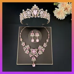 ティアラ　ピアス　ネックレス　3点セット　ピンクカラー　結婚式　ウェディング　撮影　ブライダル　アクセサリー　590