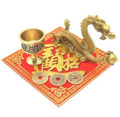 龍 曲線タイプ 銅製置物 銅杯 古銭三枚付き 風水セット