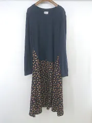 ◇ Diosfront ディオスフロント 総柄 ニット 切替 長袖 膝下丈 ワンピース サイズM ネイビー系 マルチ レディース P  【1304250008083】