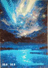 【完成品】ダイヤモンドアート　【碧いオーロラ】　ラウンドビーズ　22.5×32.5