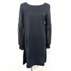 古着 23区 ニジュウサンク ニットチュニック ワンピース 長袖 薄手 袖がシフォン 無地 綿100%(袖：ポリ100%) 44(B88-92/T160-164) ネイビー 紺×黒 レディース