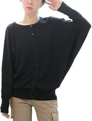 Happy Honu(ハッピー ホヌ) LL 3L ドルマン ニット カーディガン 長袖 綿 オフィス 大きい サイズ ゆったり 秋冬 春 セーター ロング丈 綿100 学生 女子 女性 可愛い 高校 女性用 無地( ブラック,  LL-3L)