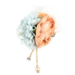 髪飾り 成人式 振袖 前撮り 袴 花 水色 オレンジ 橙 ゴールド 下がり付き チェーン パールビーズ ラインストーン レース リボ No.12-0304