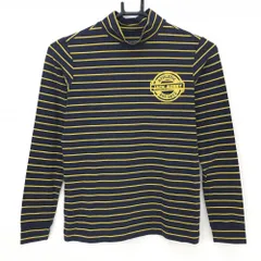 【美品】ジャックバニー 長袖ハイネックシャツ ダークネイビー×イエロー ボーダー ロゴプリント レディース 0(S) ゴルフウェア Jack Bunny