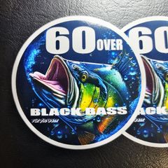 送料無料　Black bass　ブラックバス　６０オーバー！「ブラックバス　６０　OVER　イラスト　ステッカー」（約６０ｍｍ×約６０ｍｍ）※２枚セット販売