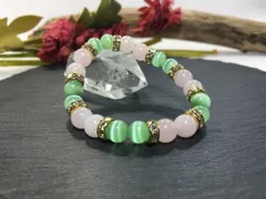 ローズクォーツ&キャッツアイ（L.グリーン） パワーストーン ブレスレット （ゴールド）レディース 女性  数珠ブレス 開運 プレゼント ギフト [G]