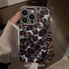 レトロスマホケース青みヒョウ柄ほんのりブルーハンドストラップショットストラップ付き携帯紐Phoneケース全機種iPhone7/8/XR/11pro/11/12/