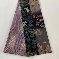 半幅帯 美品 秀品 やまと誂製 うさぎ 麻の葉 金糸 灰紫 正絹 【中古】