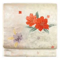 名古屋帯 幅30.5cm 長さ346cm レディース 花柄 秋冬春用 正絹（シルク）シルバー 未使用品 リメイク リユース リサイクル【呉服のきくや】