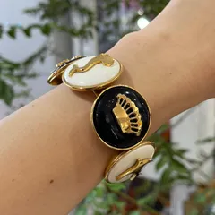 【美品】CHANEL シャネル ココマーク モチーフバングル メタルゴールド×プラスチック ゴールド×ブラック×ホワイト ヴィンテージ 中古 オールドシャネル ブレスレット アクセサリー ジュエリー レディース 女性用 ブランド 希少 レア