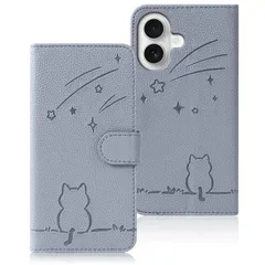 【数量限定】スタンド機能 PUレザー 耐久性 軽量 オシャレ スマホケース 16 16 16 16 iPhone iPhone 内蔵マグネット iPhone カード収納 携帯カバー 耐衝撃 財布型 手帳型ケース アイフォン16 ねこ 猫柄 携帯ケース（グレー）