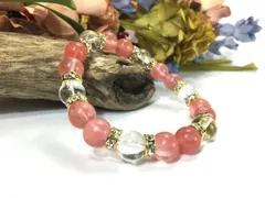 チェリークォーツ×水晶 パワーストーン ブレスレット 天然石ブレス (ロンデル： ゴールド) 10mm メンズ・レディース △