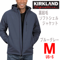 新品 M ★ コストコ カークランドシグネチャー メンズ ソフトシェル ジャケット 裏ボア ブルー グレー US-S ストレッチ フード付き 撥水 防風 防寒 フリース 伸縮 パーカー アウター ブルゾン 裏起毛 男性用 Kirkland Signature