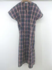 ◇ GLACIER グラシア チェック 半袖 膝下丈 ワンピース サイズL ネイビー系 マルチ レディース P  【1302240004961】