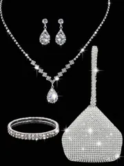 ジュエリー レディース セット 4点セット 女性用 ラインストーン イヤークリップ ブライダル ネックレス ブレスレット ピアス セット、パーソナライズド ミニ輝くガラスラインストーン 可愛い三角形 トートバッグ、