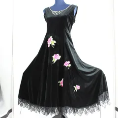 【美品 社交ダンス衣装】ワンピース ドレス 黒 ブラック ビーズ 花柄 レース ピンク