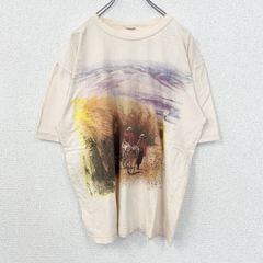 古着 used　lecomte　半袖プリントTシャツ　クルーネック　薄ピンク　レトロ　風景写真デザイン　カジュアル　Lサイズ