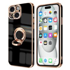 iPhone 15 ケース リング付き アイフォン15 リング カバー 全面保護 スマホケース TPU 耐衝撃 スタンド機能 車載スタンド対応 ストラップホール付き 擦り傷防止 メッキ加工 6.1インチ（ブラック）