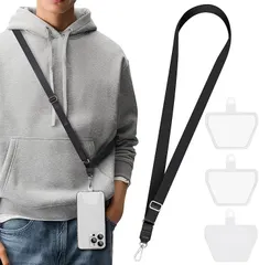 takyu スマホストラップ スマホショルダー 首掛け/肩掛け/斜め掛け 全機種対応 ネックストラップ 紛失防止 落下防止 長さ調整可能(ブラック＋半透明パッチ,  通用型)