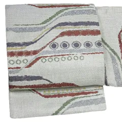 中古 袋帯 正絹 唐織 リサイクル 灰白 ライトグレー 水玉 ドット 横段 幾何学模様 銀通し 西陣織 田中義織物 礼装用 フォーマル No.6-0560