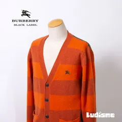 バーバリー ブラックレーベル BURBERRY BLACK LABEL ボーダー ニットカーディガン 刺繍ロゴ オレンジ×ブラウン×カーキ 3 メンズ ウール100％ ユニセックス USED