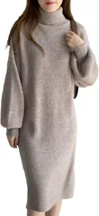 J-Scott ワンピース レディース ニット タートルネック ドロップショルダー ミディ丈 着まわし エレガント 伸縮性 コンサバ ぽわん袖 ルーム 簡単お手入れ 女性用 大人用 カバー きれいめ きちんと感(チャコールグレー,  XL)