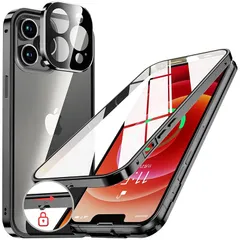 NIANGUO【ロック機能付き・自動ポップアップボタン】 iPhone12 Pro Max 用 ケース クリア 【両面強化ガラス】 9H硬度 【一体型レンズ保護】 アイフォン12プロマックス カバー アルミバンパーケース メタルフレーム 耐衝撃 傷防止 高 1