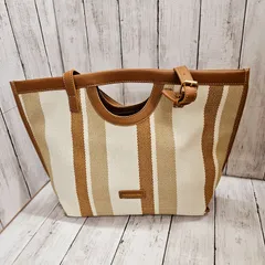 新品【 帆布バック 】ストライプ 縞柄 トートオーカー＆ベージュ (横型) 男女兼用のサムネイル