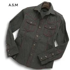 A.S.M アトリエサブ メン 通年 刻印ボタン ステッチ★ 長袖 ヘリンボーン ウエスタン シャツ Sz.48 メンズ 灰 ASMのサムネイル
