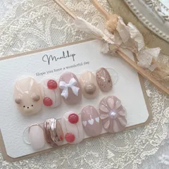フレンチ ガーリー くま 量産型 韓国 ぷっくりフラワー ニュアンス リボン ネイルチップ