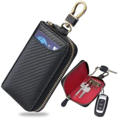 [Ａｅｍｉｃｉｏｎ] キーケース スマートキー 車キーケース メンズ キーホルダー 本革 レザー カーボンレザー ハイブリッドレザー 6連 ファスナー カード入れ付き 札入れ付き 多機能 大容量 コンパクト プレゼント