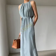 ワンピース レディース ノースリーブ ロング丈 ミモレ丈 春夏 無地 ウエスト リボンリゾート ワンピースギャザータック ホルターネック ノースリーブ ワンピース シンプル かわいいきれいめスandong01