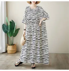 ワンピース 半袖 夏 ボーダー ロングワンピース マキシワンピース レディース リゾートワンピース 大きいサイズ マキシ丈 ワンピ 綿麻風 ボーダーワンピース 五分袖 半袖 大きいサイズ ゆったり 体型カバーaimei04