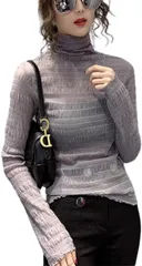 グリーンパキラ 可愛い チュール ブラウス インナー トップス シアー シースルー シフォン 透ける 長袖 レディース ハイネック 薄手 軽い 高伸縮 重ね着 着回し(グレー)