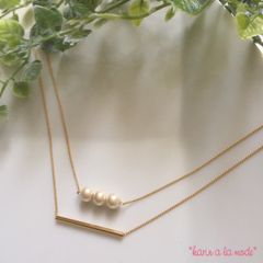 【3way】goldパイプ×3粒コットンパール＊ 華奢なチェーンの二連ネックレス