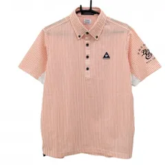 【超美品】ルコックゴルフ 半袖ポロシャツ 白×オレンジ ストライプ サッカー生地 ボタンダウン メンズ M ゴルフウェア le coq sportif