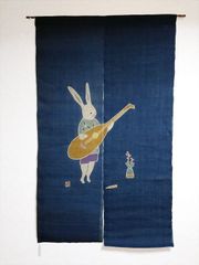 のれん　麻　うさぎ　藍色　手染め　和風
