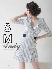 ホワイトネイビー【Andy/アンディ】チェック柄ツイード/ ウエストリボン/ 台形フレア/ フロントボタン/ フリル/ 背中あき/ 七分袖/ ミニドレス/ ワンピース/ キャバドレス [AN-OK2711] S/M