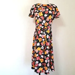 レトロ 花柄 フレア ワンピース プリント 半袖 ロング カラフル Mサイズ 紐ベルト
