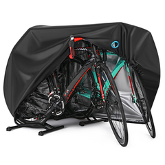 自転車カバー 厚手 丈夫 29インチまで対応 送料無料 サイクルカバー ブラック 収納袋付き 撥水加工 風飛び防止 盗難防止鍵穴付き 通常版よりサイズUPの二台対応 耐熱 UVカット（HM-082）