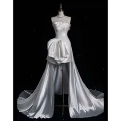 【新品 未使用】2026新作 ウェディングドレス フレンチ シンプル シルク 結婚式 パーティー ロングドレス 二次会 結婚式 前撮り ブライダル 花嫁 ビスチェ ベアトップ サテン 後ろリボン 