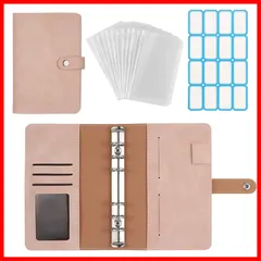 SALE中バインダー PUレザー 家計簿 A6サイズ カードスロット付き 6リングバインダー ファスナーポケット12個入 防水 不透明 サムコス 多機能 オフィス用品 家計管理 お金管理 (ピンク)