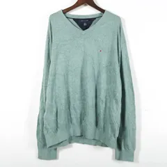 トミーヒルフィガー セーター Vネック 大きいサイズ アメリカ古着 ヴィンテージ メンズ XLサイズ グリーン系 TOMMY HILFIGER 【中古】