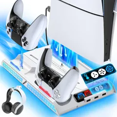 【特価商品】【PS5/新型 PS5 Slim対応】新型 PS5 Slim 縦置き 冷却 スタンド 自動/手動モードで風速調整 PS5 コントローラー 充電器 2台同時充電 充電指示ランプ付 2つ隠しケーブル PS5/PS5スリム通常版とデジタル版両対応 PS5