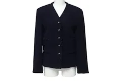 極美品 CHANEL シャネル ノーカラー ツイードジャケット サイズ40 ココマークボタン ネイビー ヴィンテージ 中古 4b004128