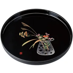 紀州塗り お盆 トレー 10寸 30cm 丸盆 黒 盛絵花かご 和風 和室 おしゃれ 木目調 トレイ おぼん 日本製
